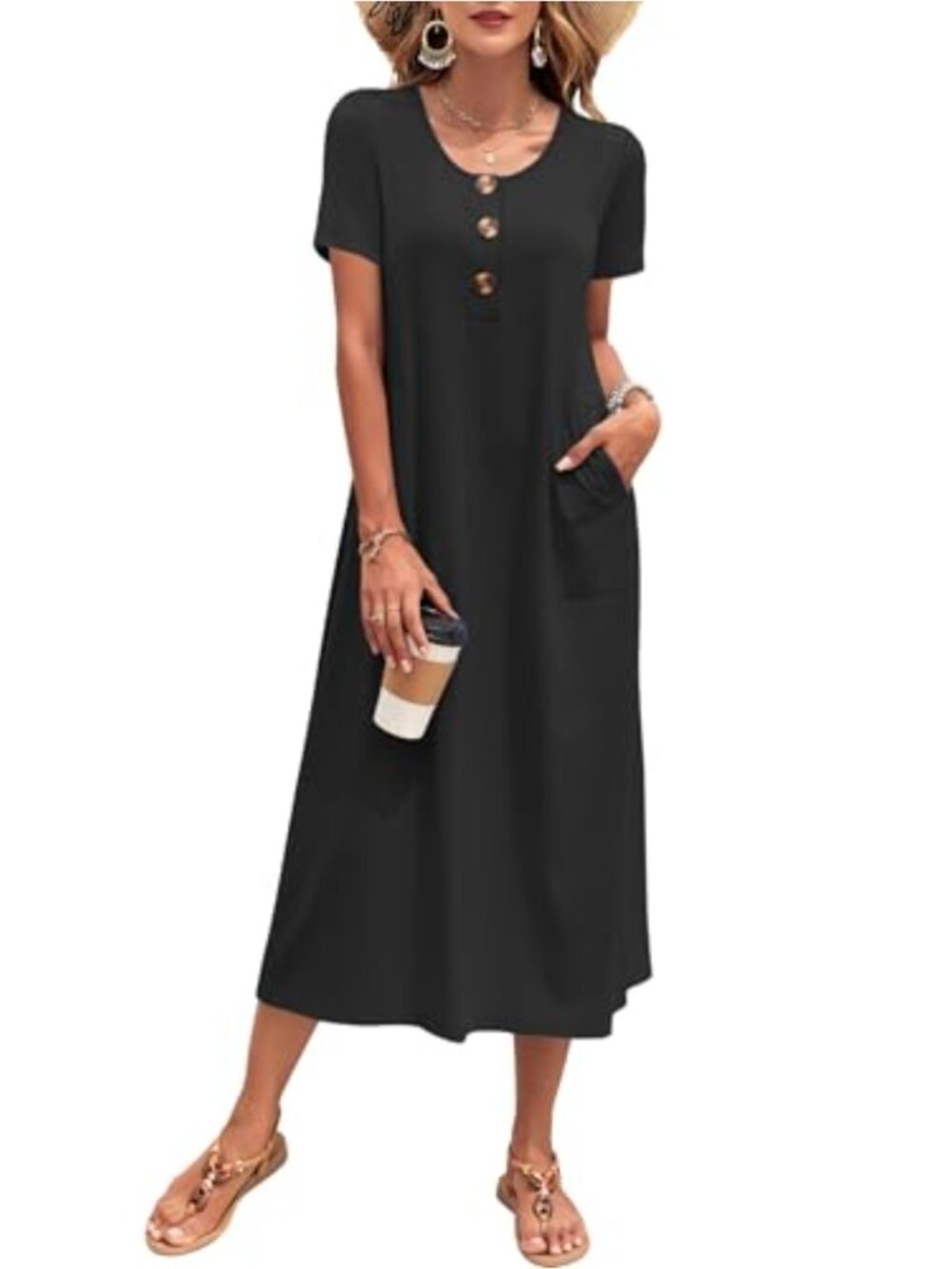 Women's Summer Maxi Dress Crew Neck Button Front Sun Dress